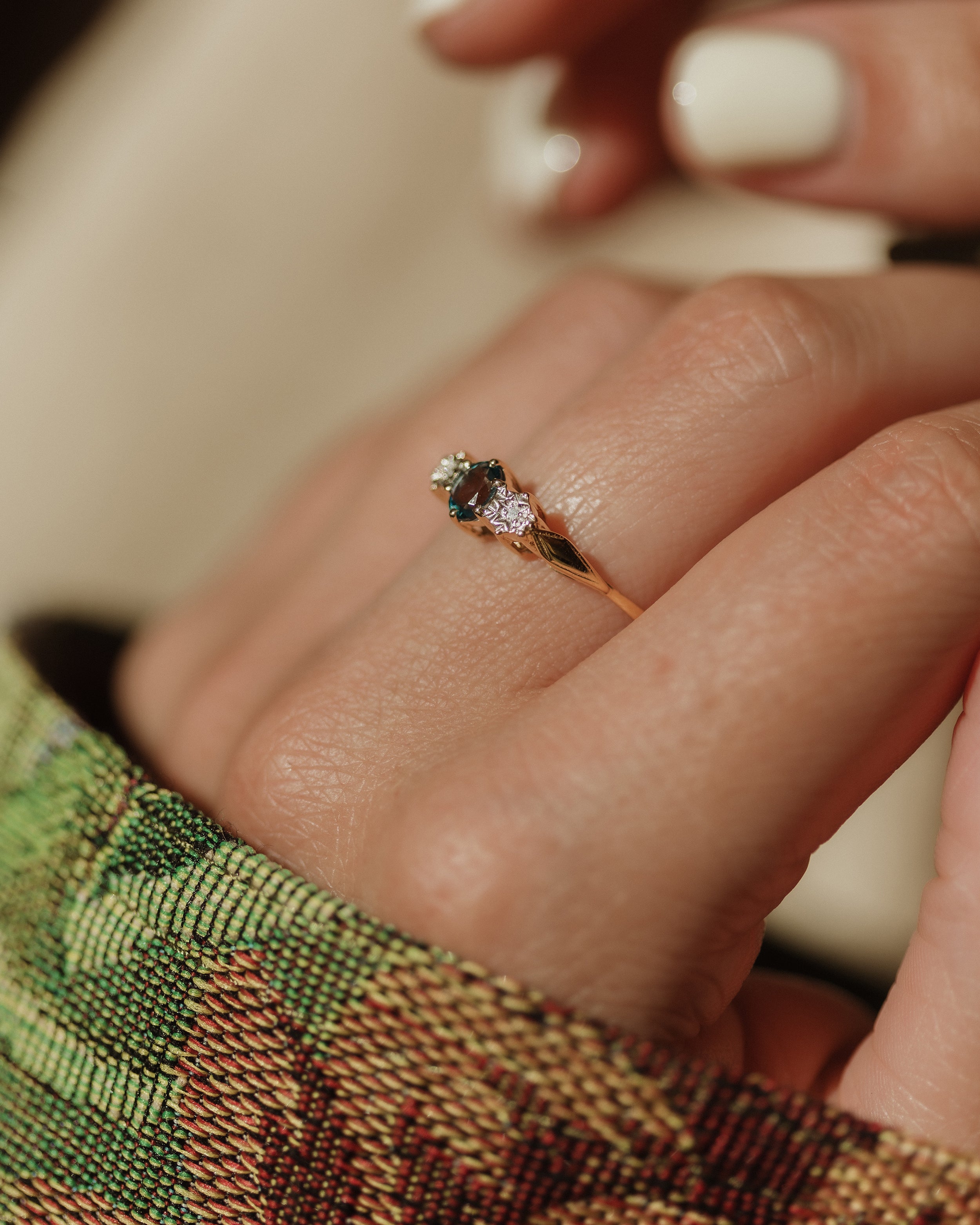Selma Vintage 9ct Gold Blue Topaz & Diamond Trilogy Ring