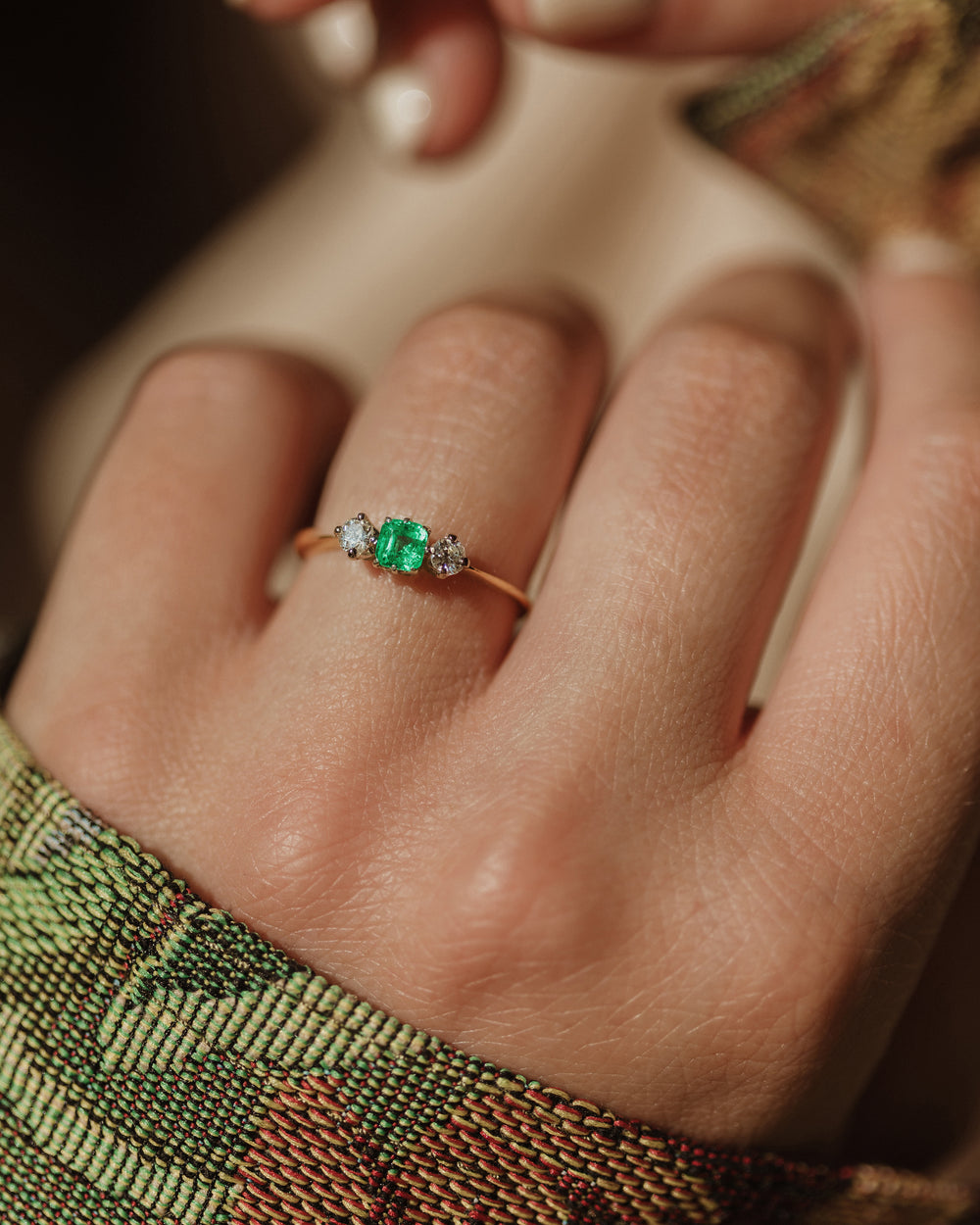 Elva Vintage 14ct Gold Emerald & Diamond Trilogy Ring