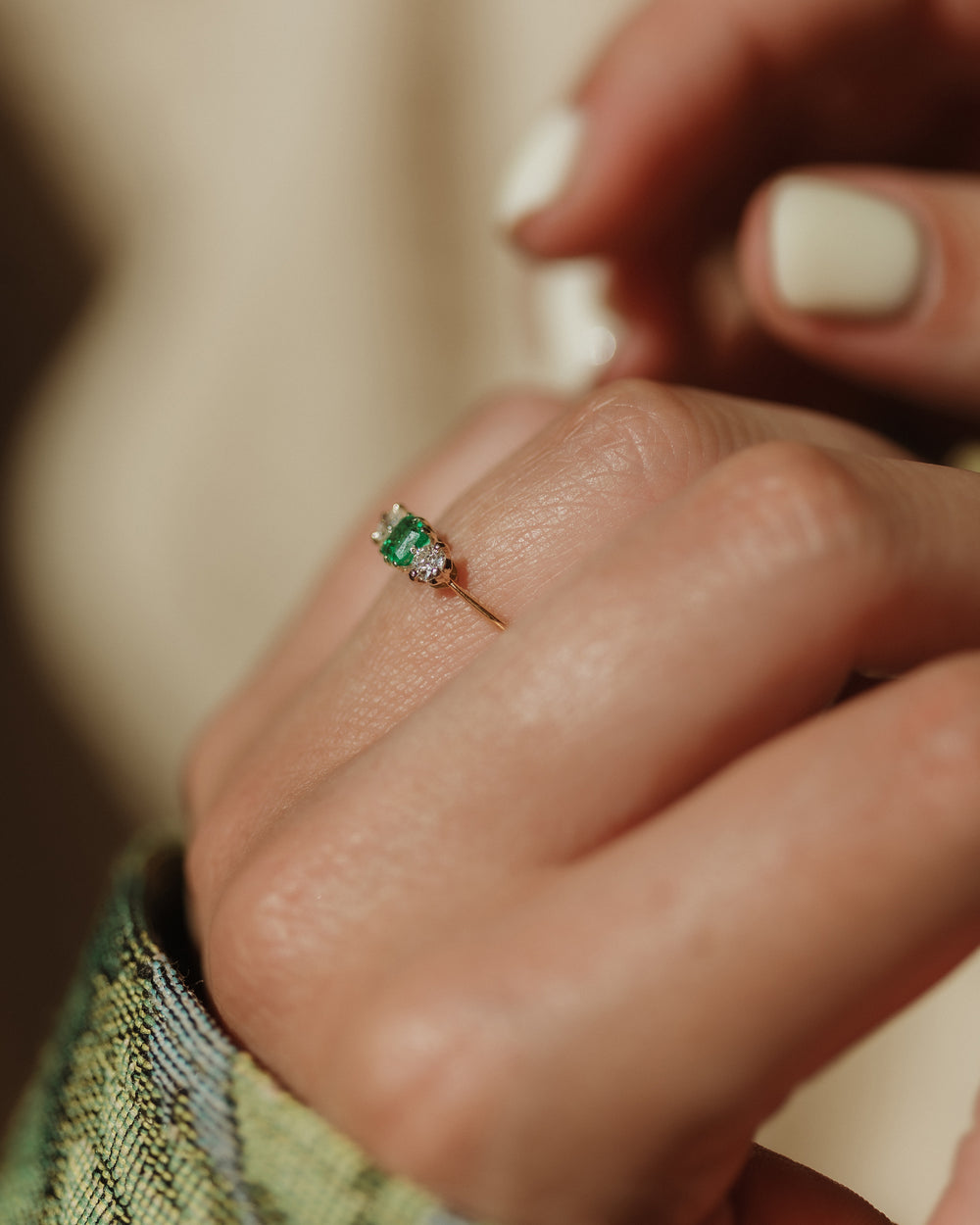 Elva Vintage 14ct Gold Emerald & Diamond Trilogy Ring