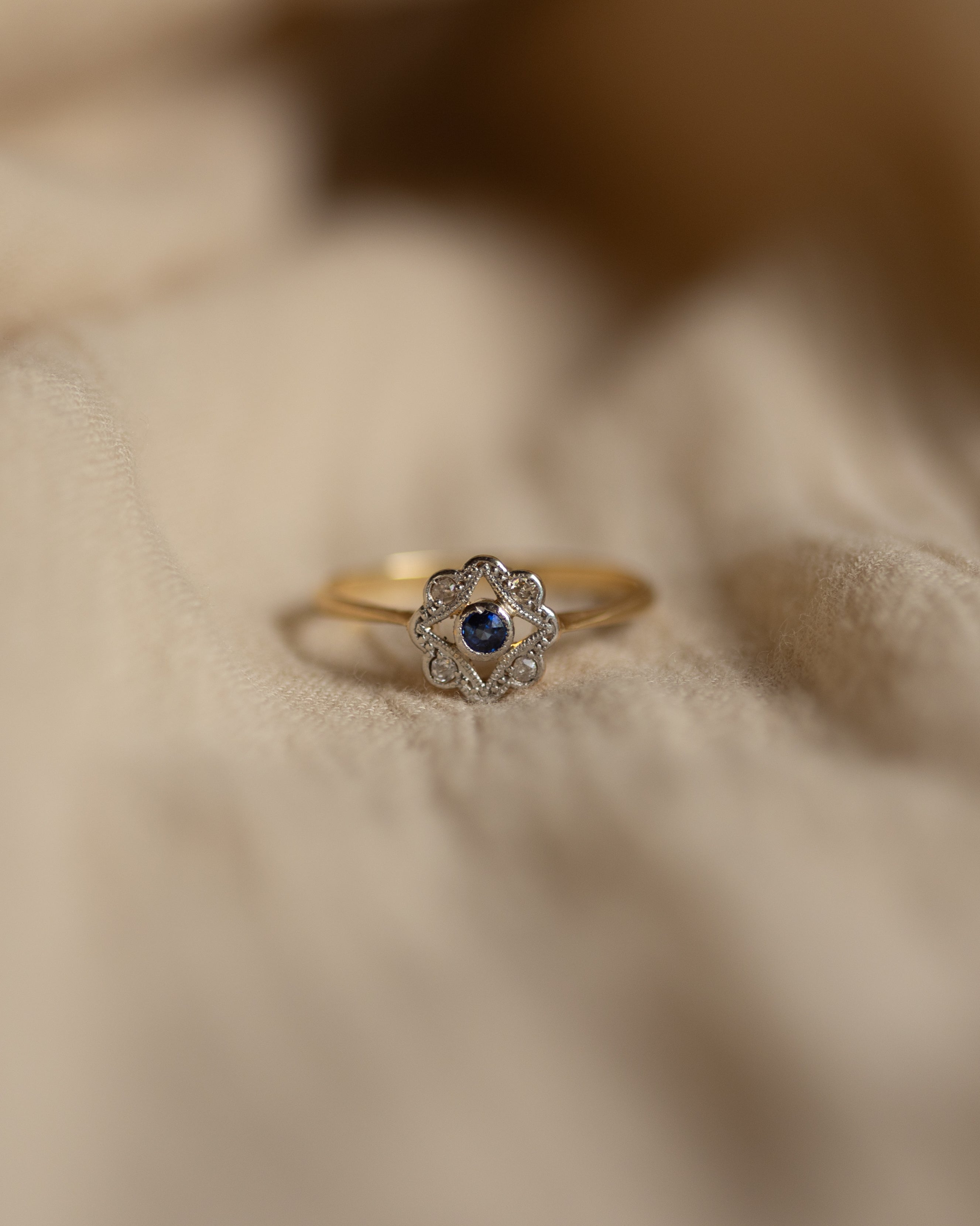 Cecily Antique Art Deco 18ct Gold Sapphire & Diamond Cluster Ring