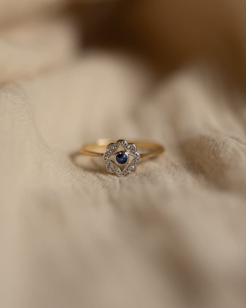 Cecily Antique Art Deco 18ct Gold Sapphire & Diamond Cluster Ring