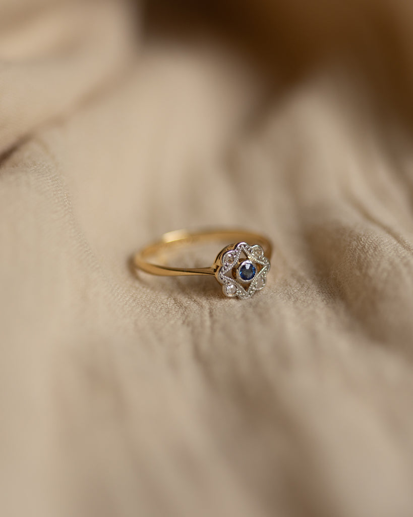 Cecily Antique Art Deco 18ct Gold Sapphire & Diamond Cluster Ring