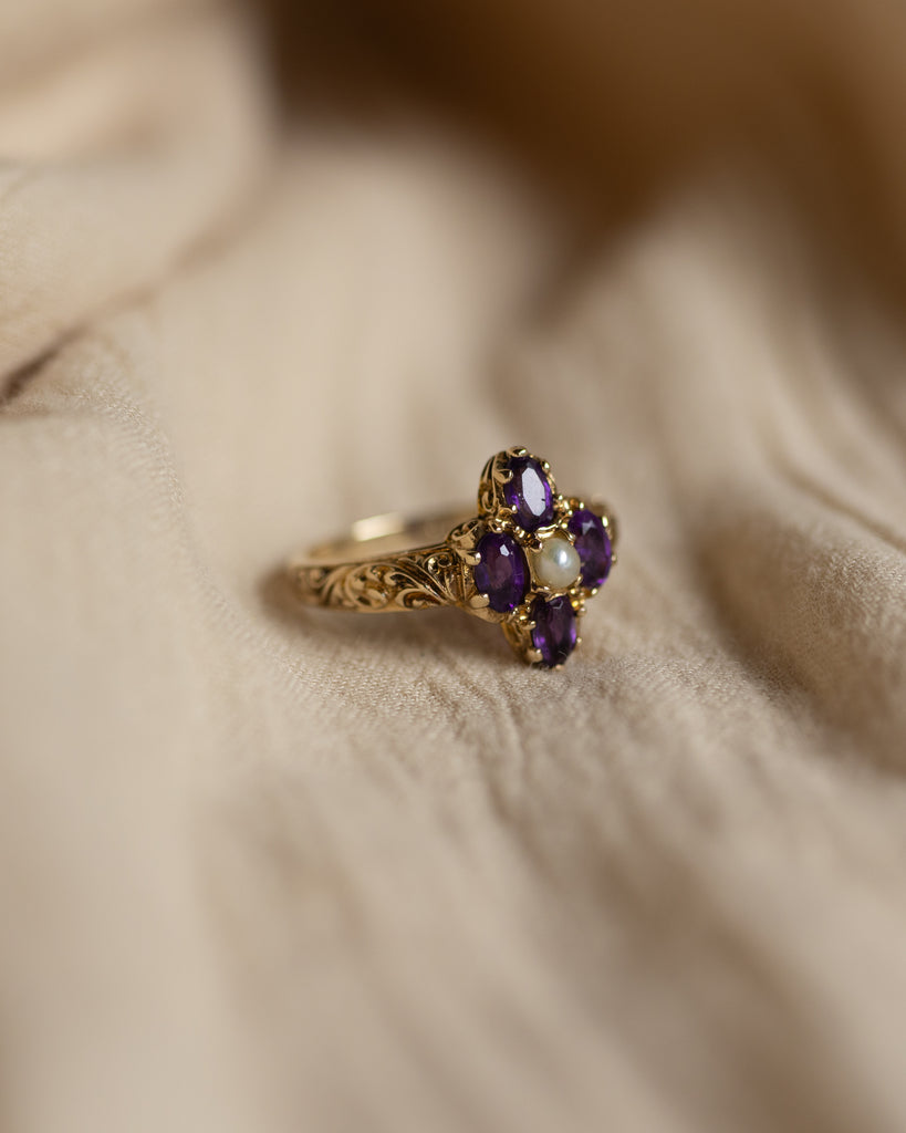 Clemency 1975 Vintage 9ct Gold Amethyst & Pearl Cluster Ring