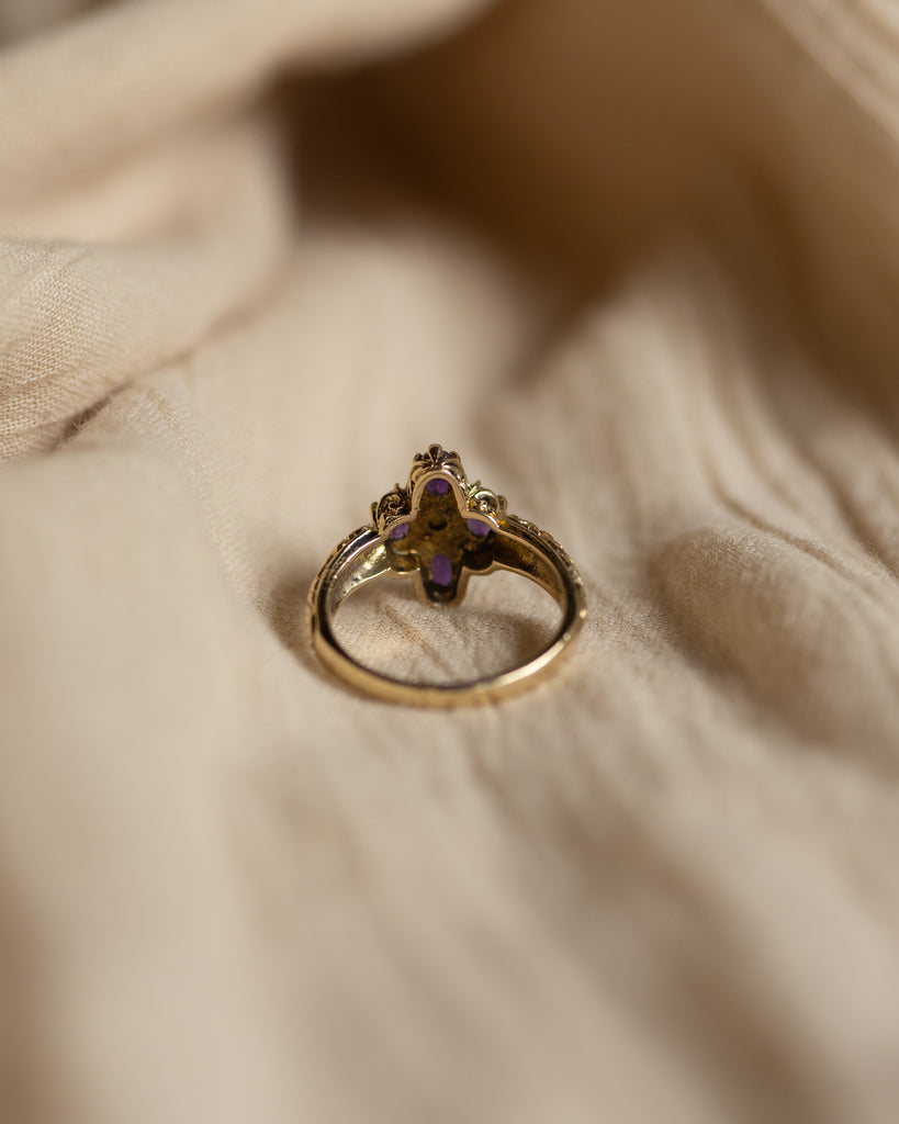 Clemency 1975 Vintage 9ct Gold Amethyst & Pearl Cluster Ring