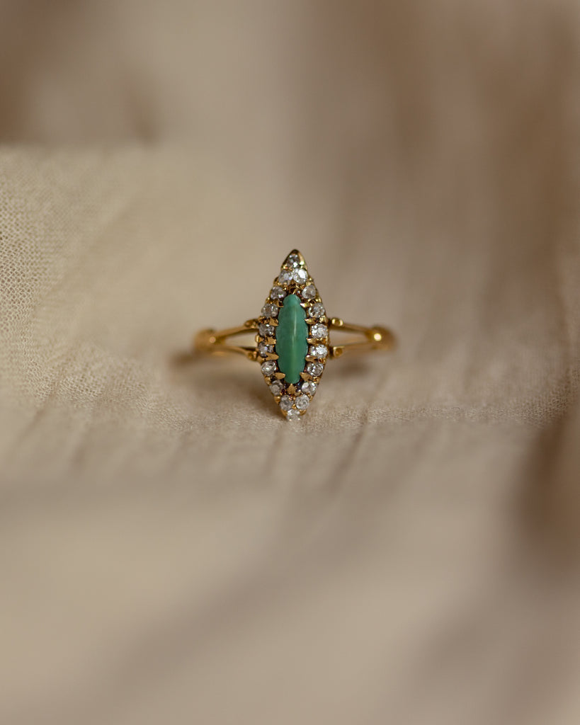 Corrine Antique 18ct Gold Turquoise & Diamond Marquise Cluster Ring
