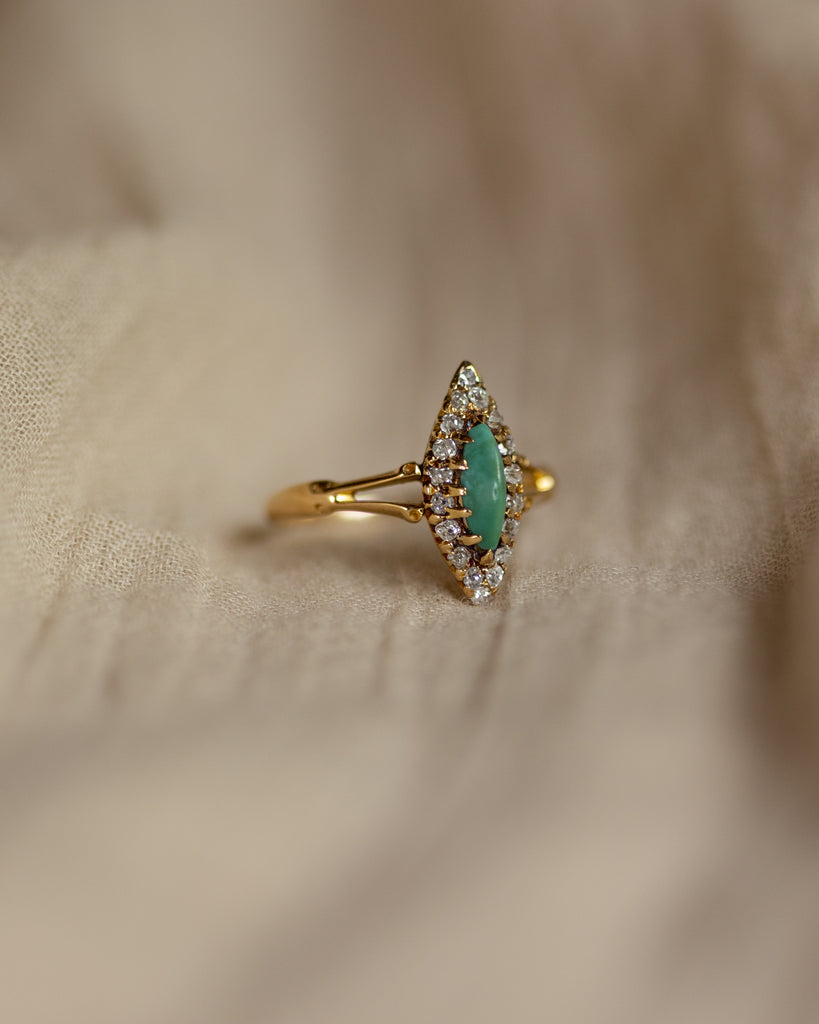 Corrine Antique 18ct Gold Turquoise & Diamond Marquise Cluster Ring