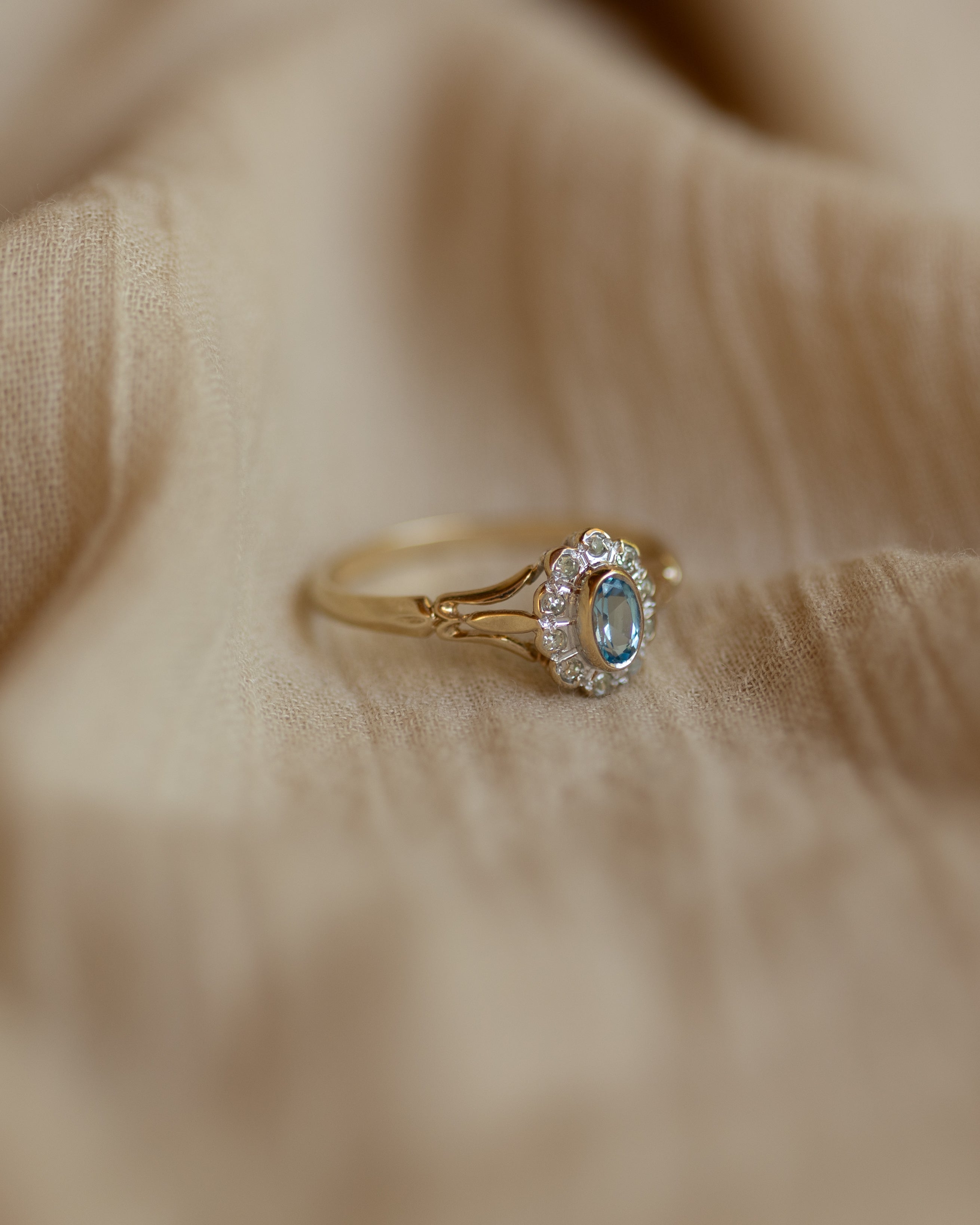 Bryony Vintage 9ct Gold Blue Topaz & Diamond Cluster Ring