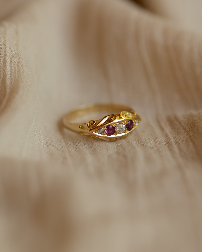Delphine 1916 Antique 18ct Gold Ruby & Diamond Five Stone Ring