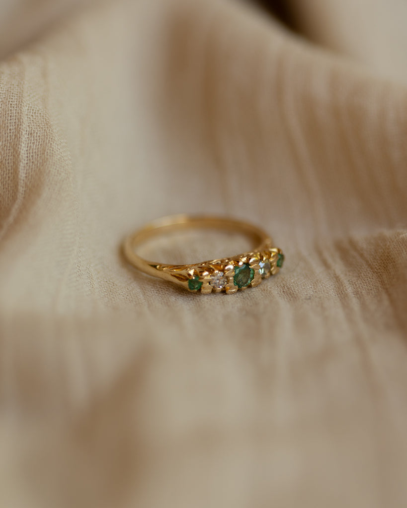 Ana 1976 Vintage 18ct Gold Emerald & Diamond Five Stone Ring