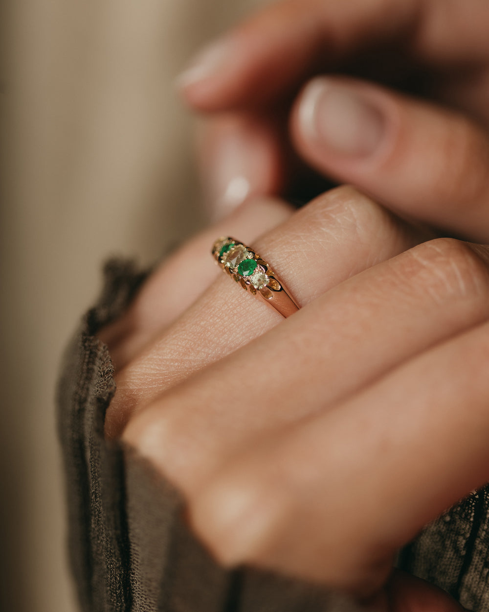 Faustine Antique 15ct Gold Emerald & Green Beryl Five Stone Ring