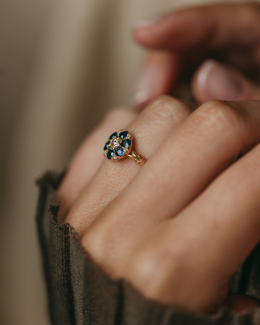 Camille Antique 18ct Gold Diamond & Sapphire Cluster Ring