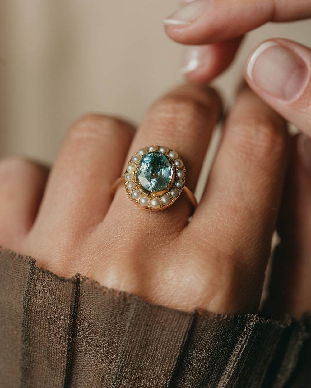 Irene Antique 9ct Gold Aquamarine & Pearl Cluster Ring