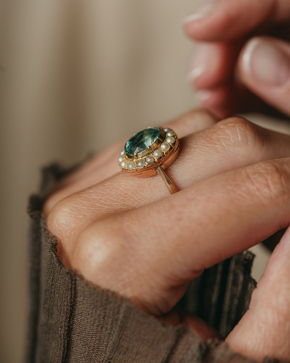 Irene Antique 9ct Gold Aquamarine & Pearl Cluster Ring