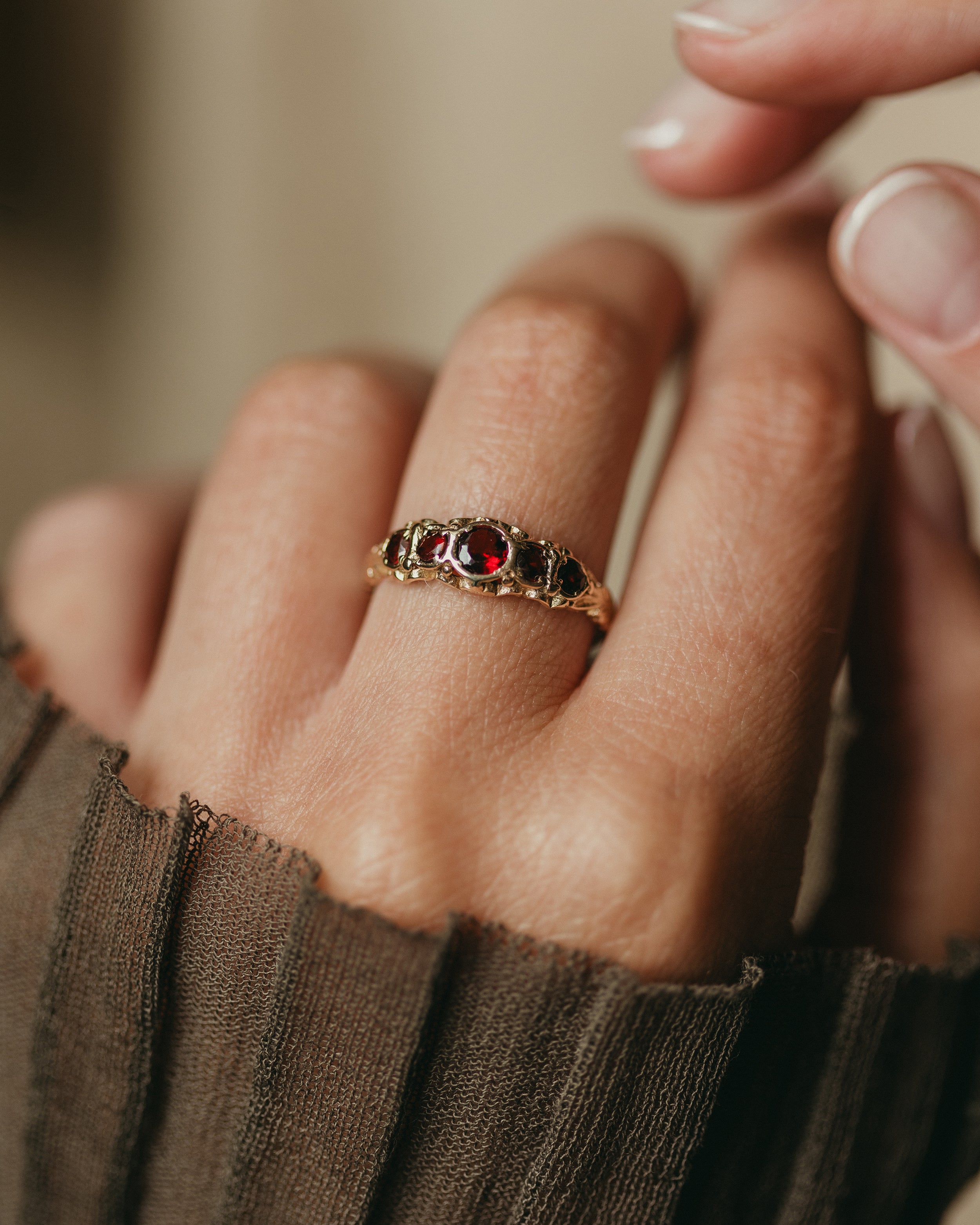 Image of Hilda 1973 Vintage 9ct Gold Garnet Five Stone Ring