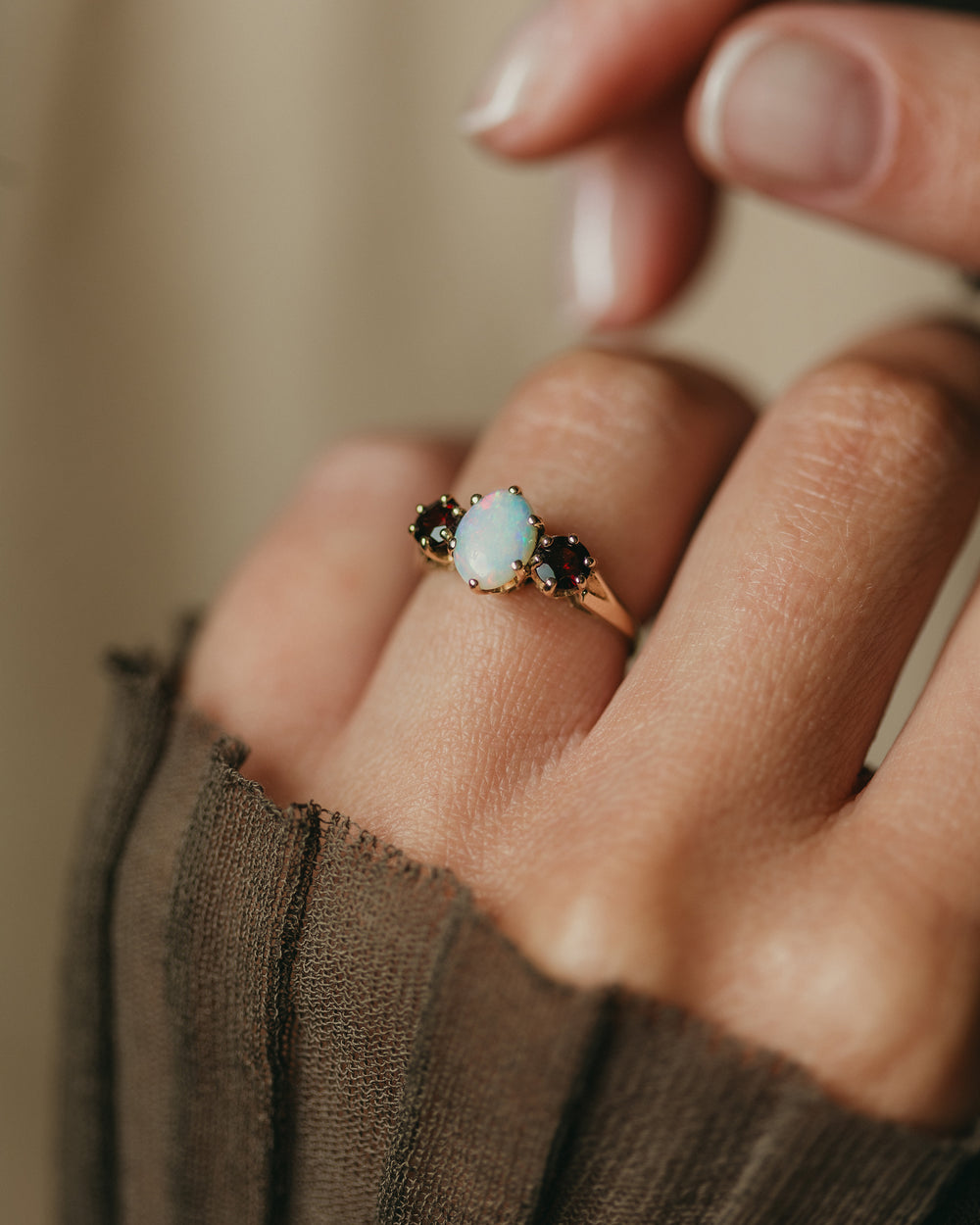 Grace 1968 Vintage 9ct Gold Opal & Garnet Trilogy Ring