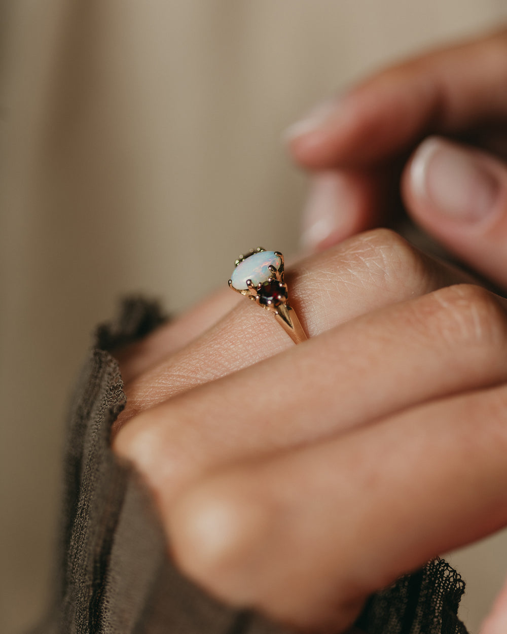 Grace 1968 Vintage 9ct Gold Opal & Garnet Trilogy Ring