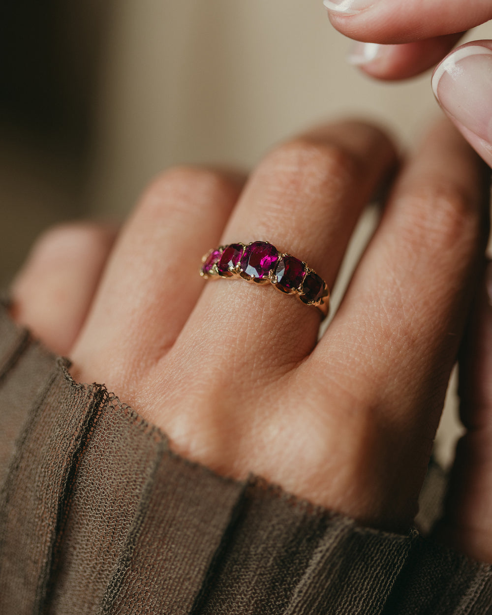 Mamie Antique 14ct Gold Almandine Garnet Five Stone Ring