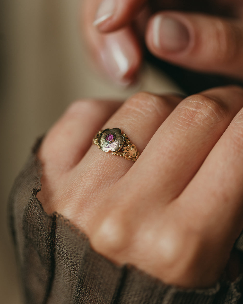 Jeanne Antique 14ct Gold Ruby Posy Flower Ring