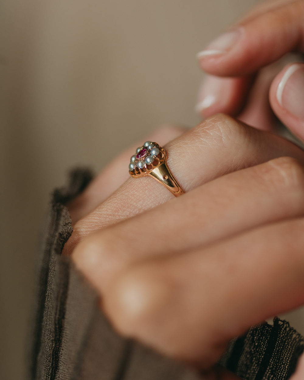 Cherie 1872 Antique Victorian 15ct Gold Ruby & Pearl Heart Ring