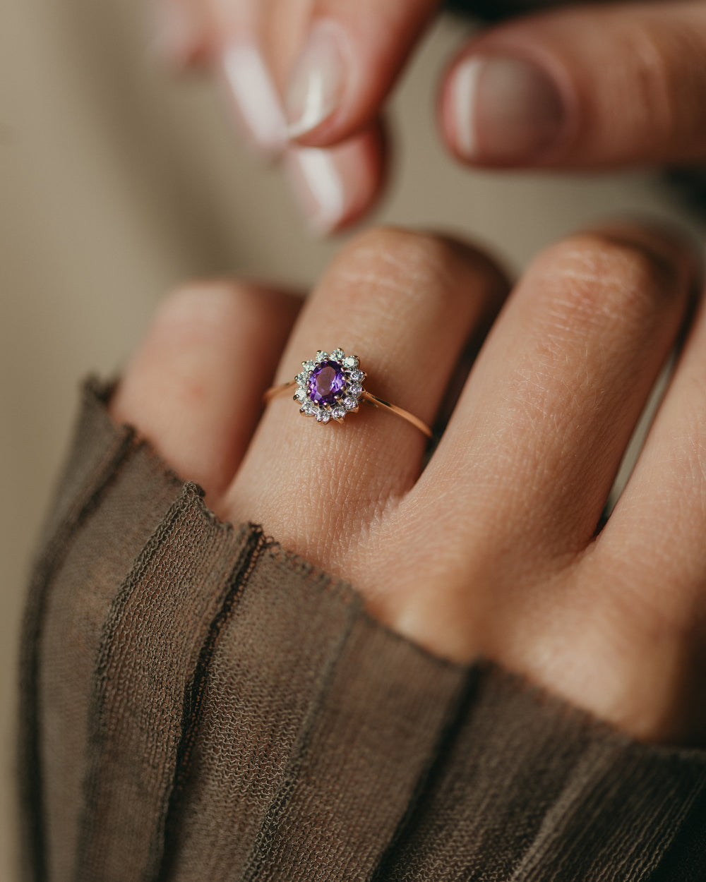 Angeline 1995 Vintage 9ct Gold Amethyst & CZ Cluster Ring
