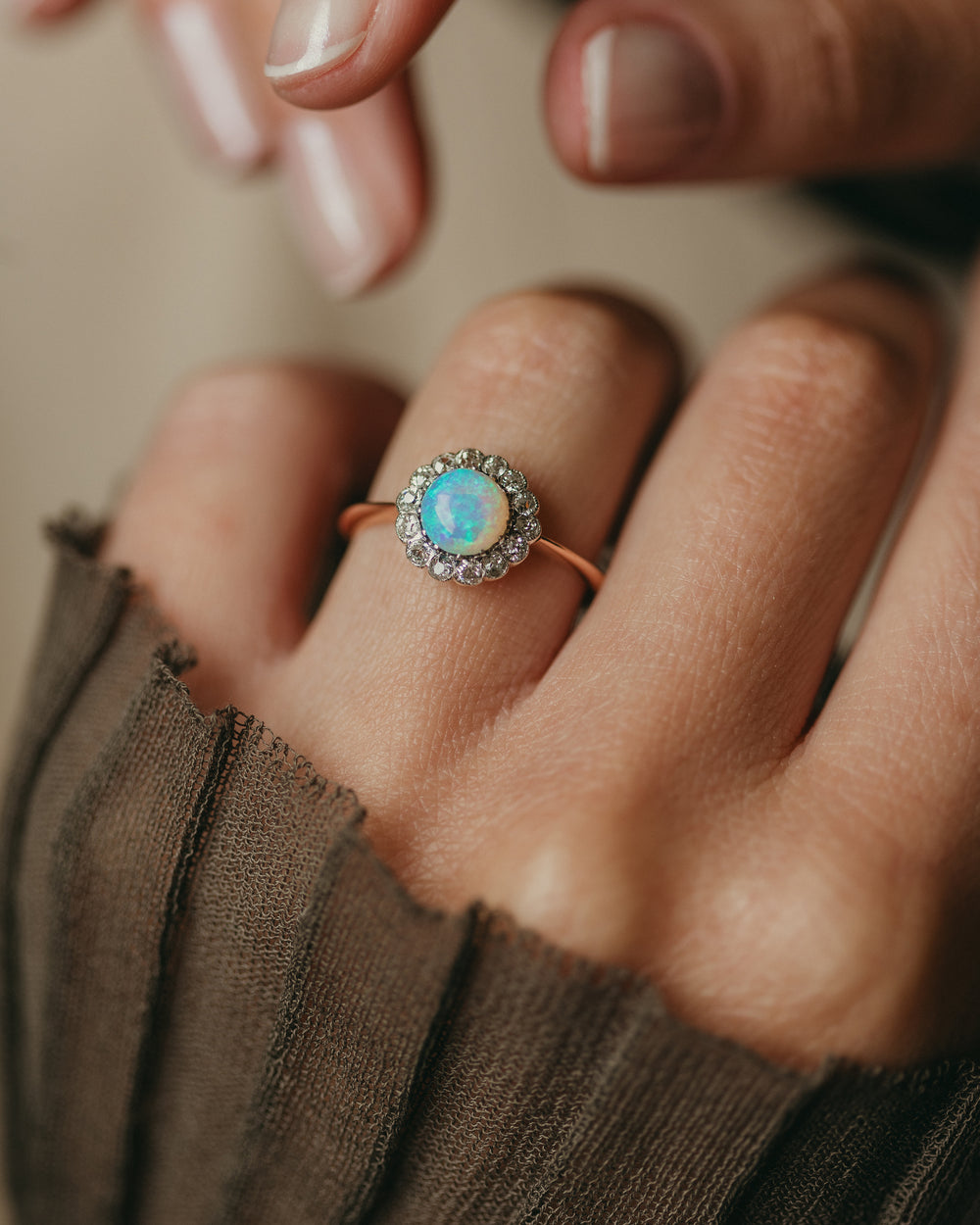 Albertine Antique 18ct Gold Opal & Diamond Cluster Ring