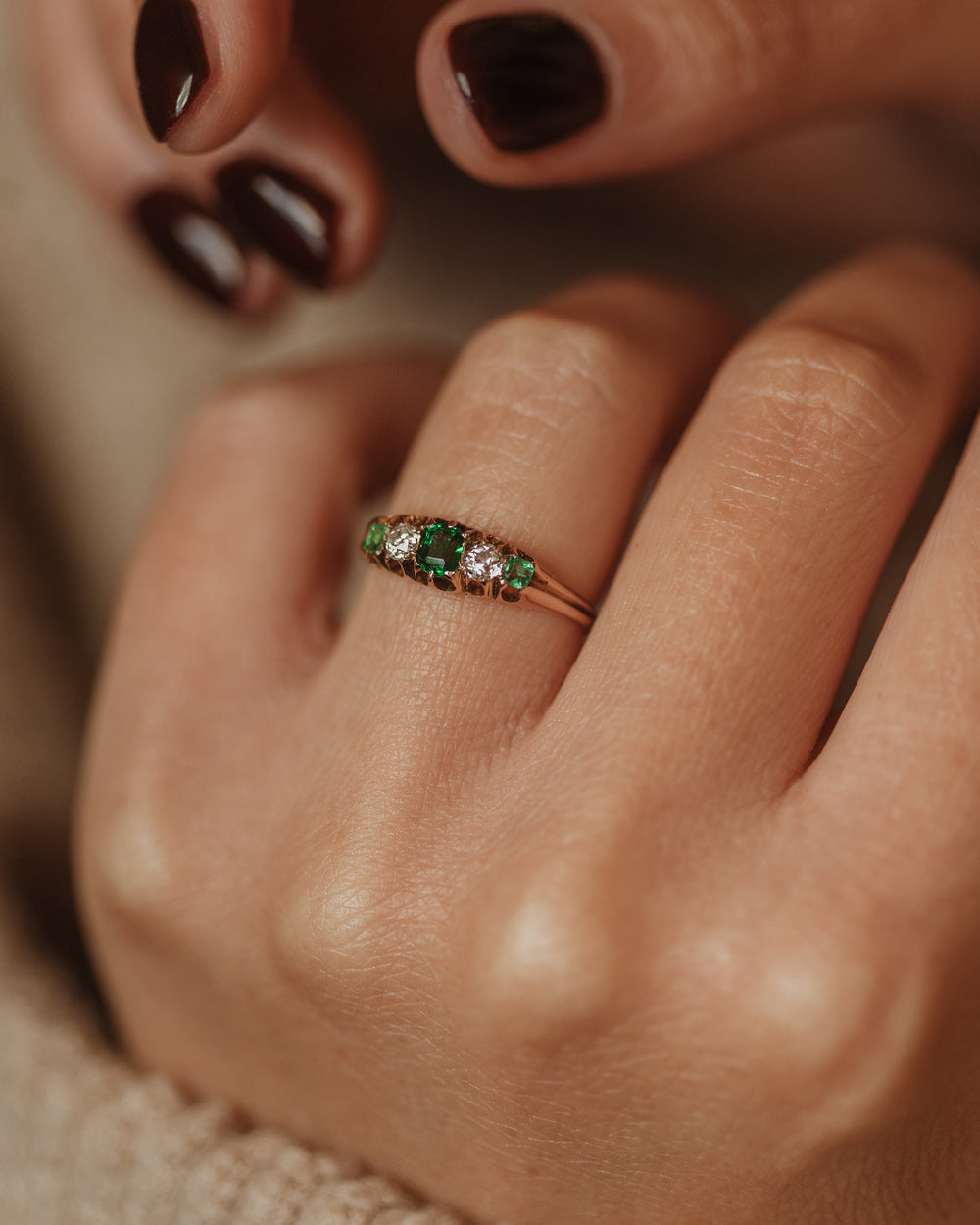 Desdemona Antique 9ct Gold Green Paste & Diamond Five Stone Ring