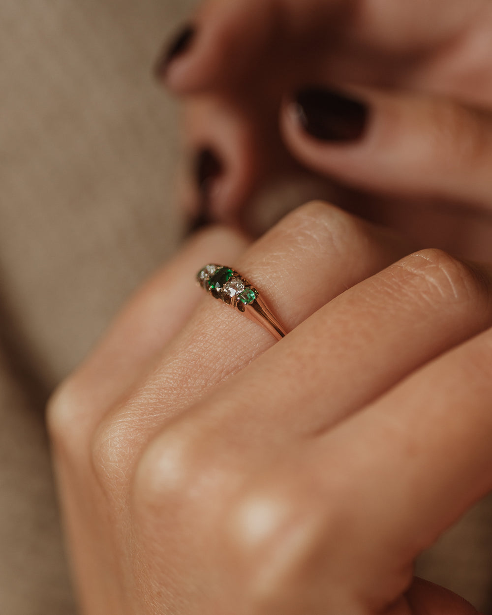 Desdemona Antique 9ct Gold Green Paste & Diamond Five Stone Ring