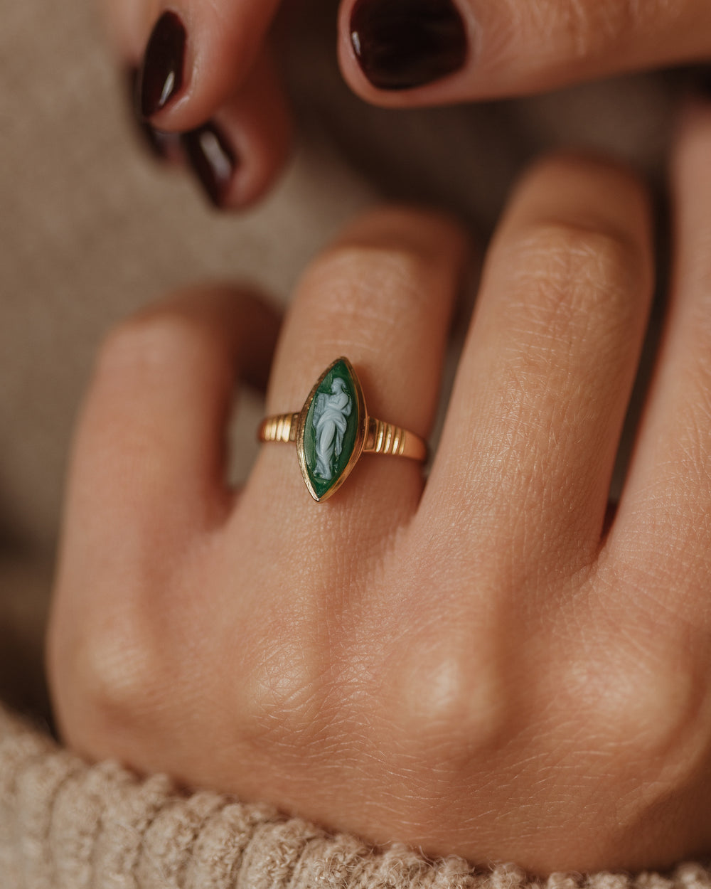 Theodora 1905 Antique 9ct Gold Green Agate Marquise Cameo Ring