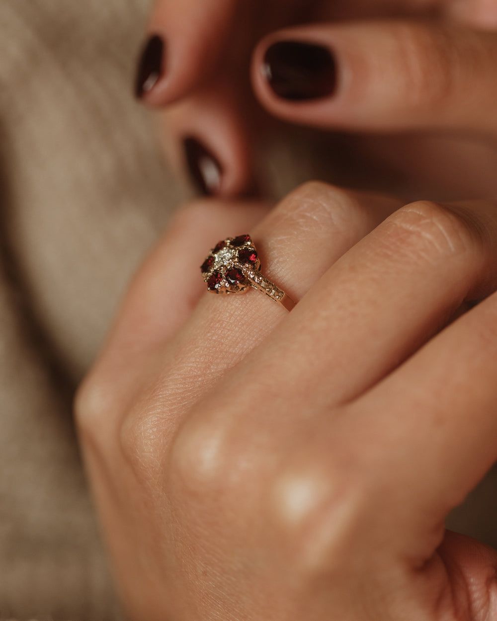 Martine Vintage 9ct Gold Garnet & Diamond Flowerhead Cluster Ring