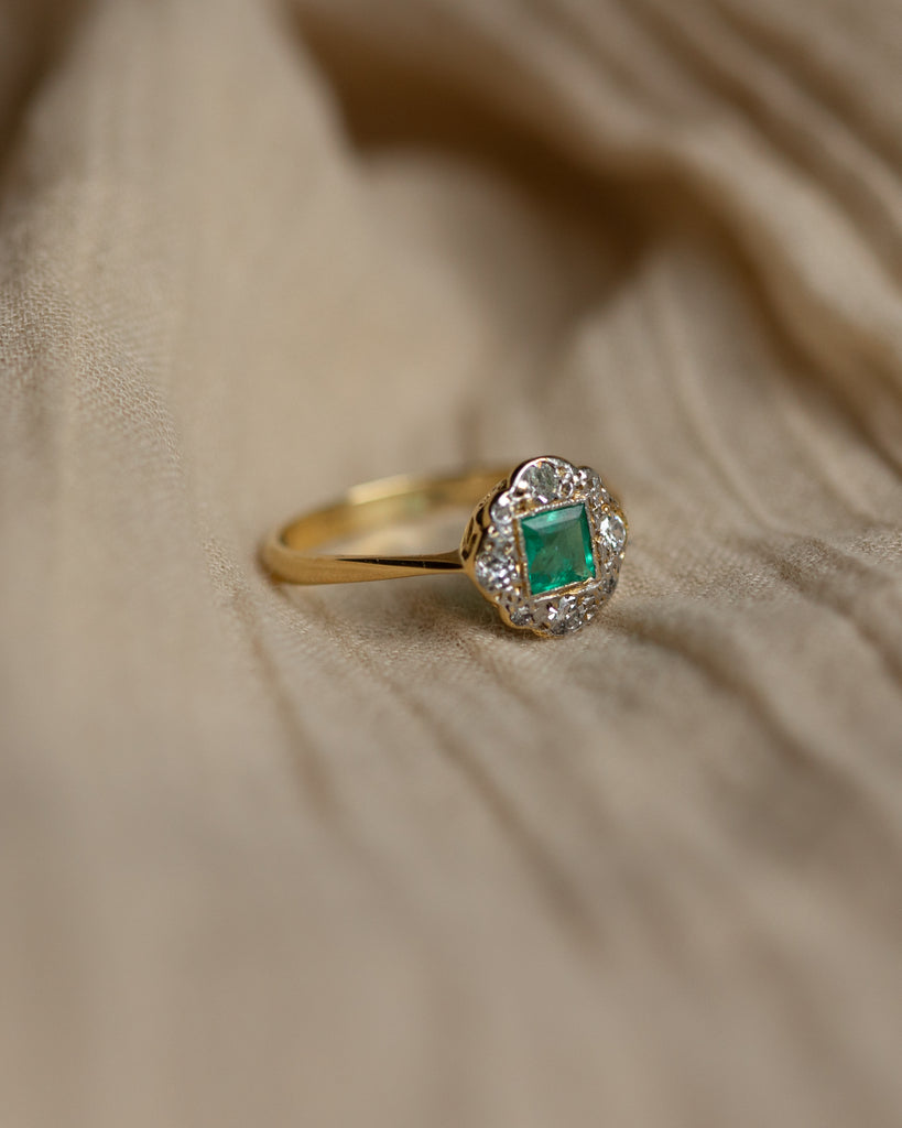 Antonella Antique Art Deco 18ct Gold Emerald & Diamond Cluster Ring