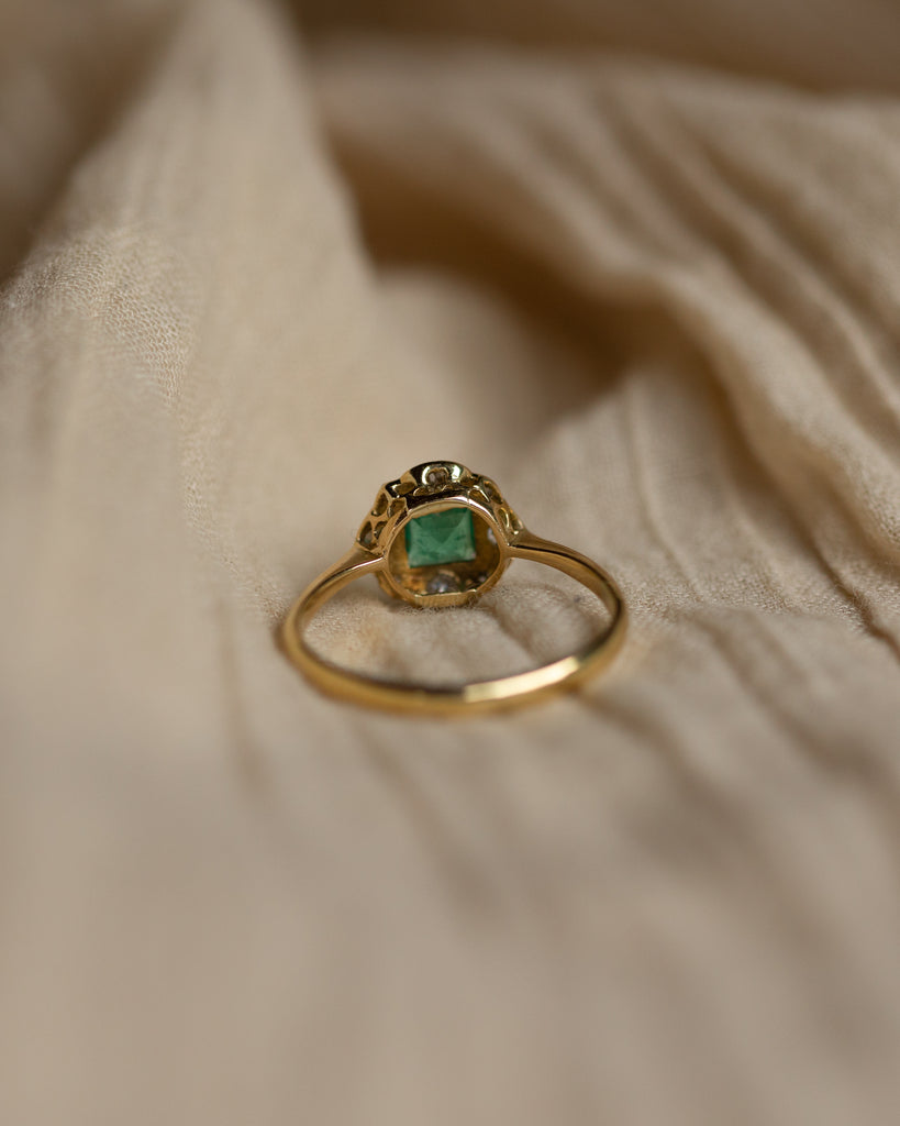 Antonella Antique Art Deco 18ct Gold Emerald & Diamond Cluster Ring