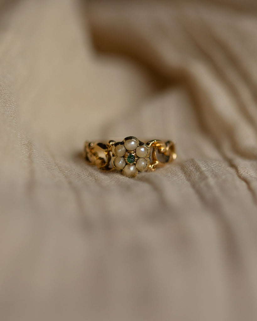 Cordie Antique Georgian 18ct Gold Emerald & Pearl Cluster Ring