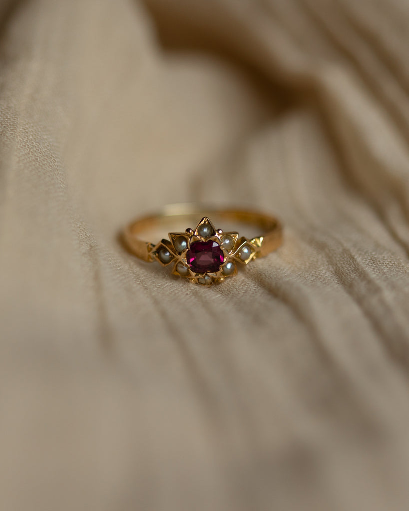 Agnes Victorian Antique 15ct Gold Ruby & Pearl Star Cluster Ring