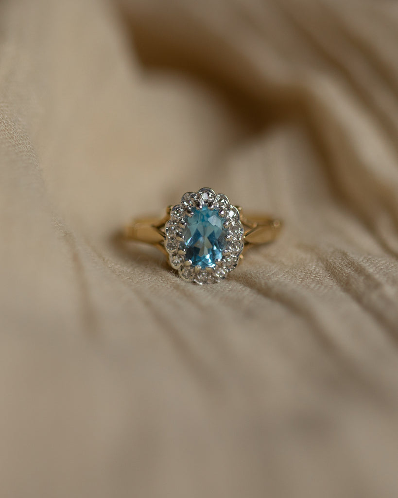 Helena 1988 Vintage 9ct Gold Blue Topaz & Diamond Cluster Ring