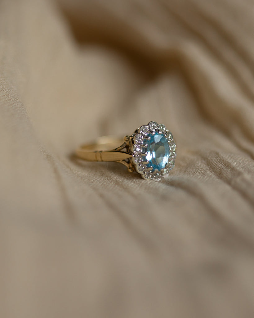 Helena 1988 Vintage 9ct Gold Blue Topaz & Diamond Cluster Ring