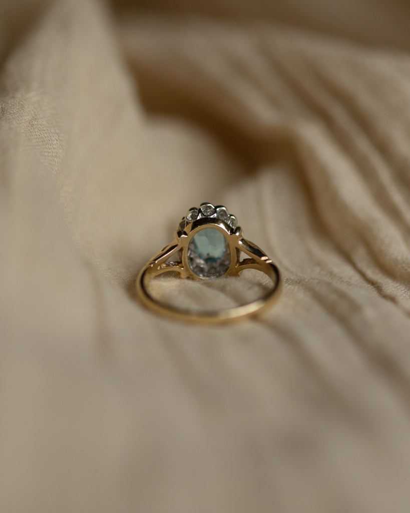 Helena 1988 Vintage 9ct Gold Blue Topaz & Diamond Cluster Ring
