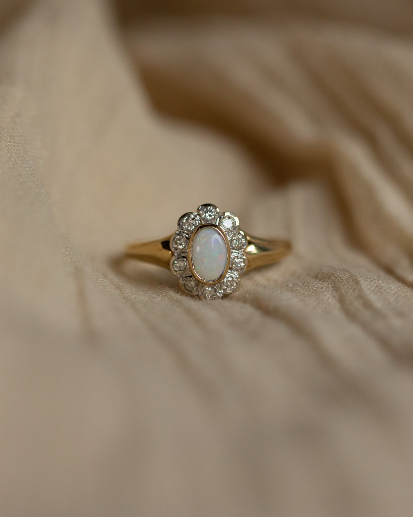 Adelina Vintage 9ct Gold Opal & Diamond Daisy Cluster Ring