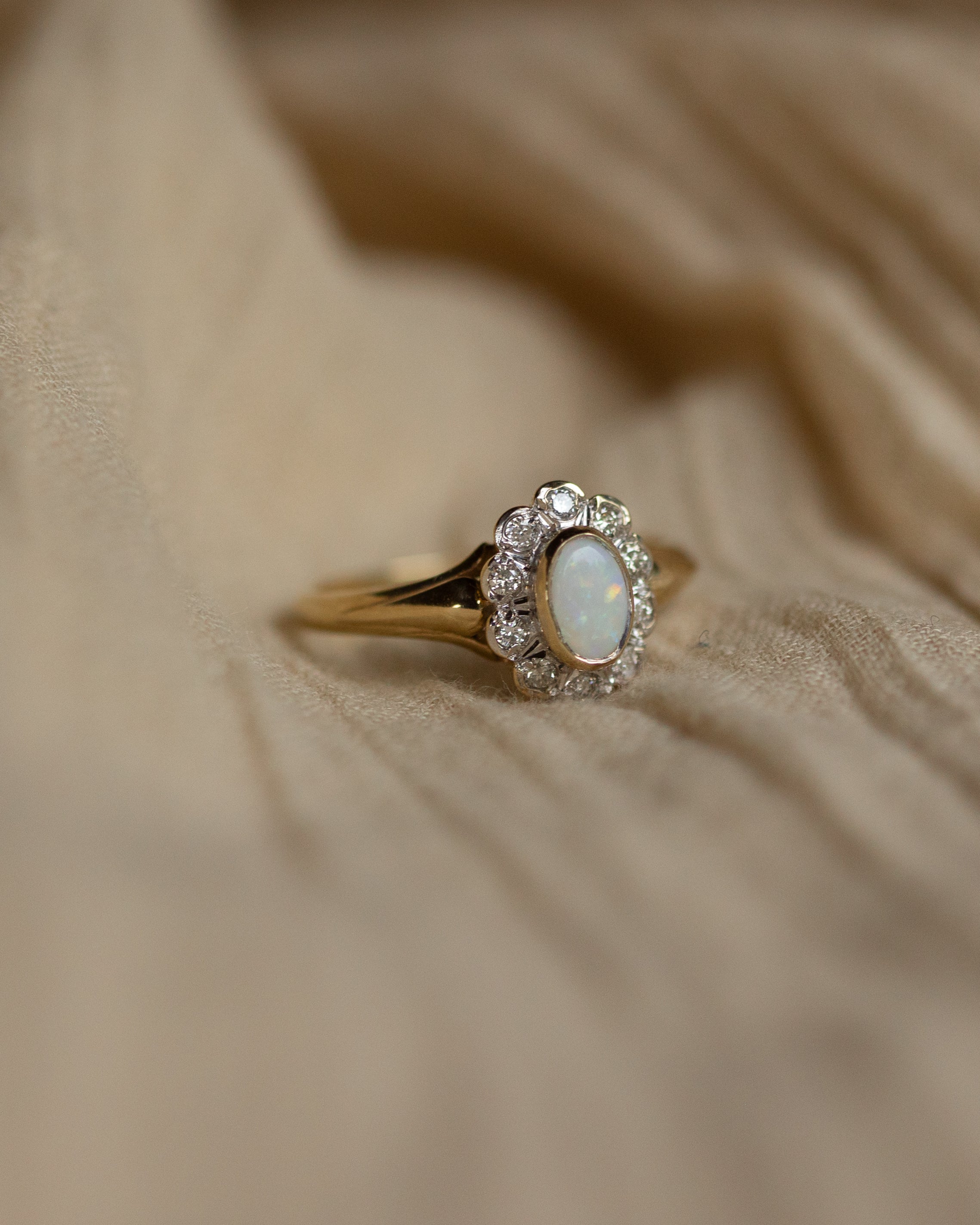 Adelina Vintage 9ct Gold Opal & Diamond Daisy Cluster Ring