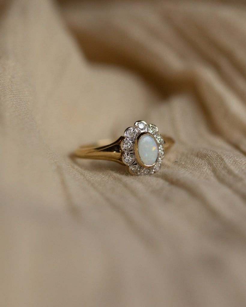 Adelina Vintage 9ct Gold Opal & Diamond Daisy Cluster Ring