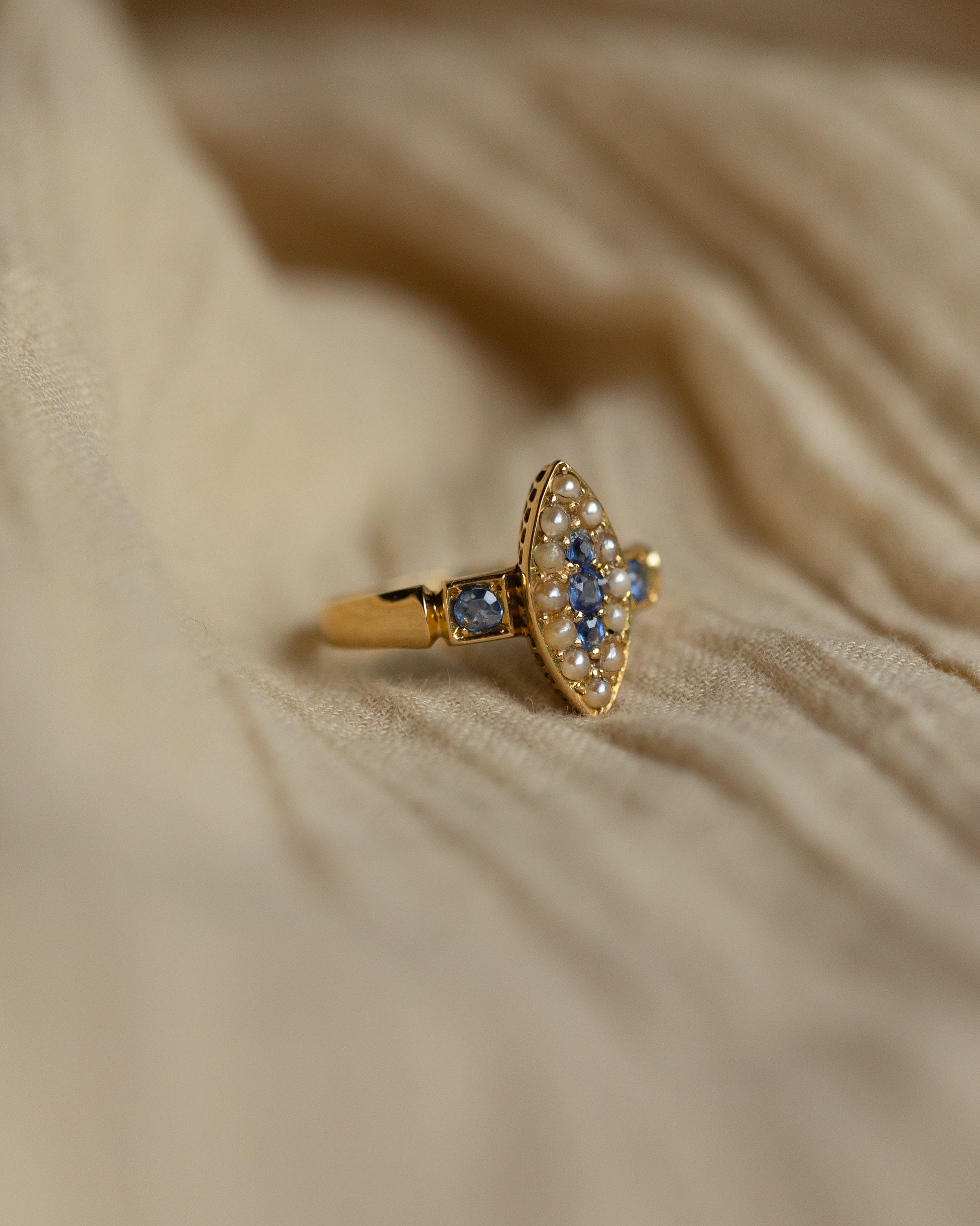 Aubrey Antique 18ct Gold Sapphire & Pearl Marquise Ring