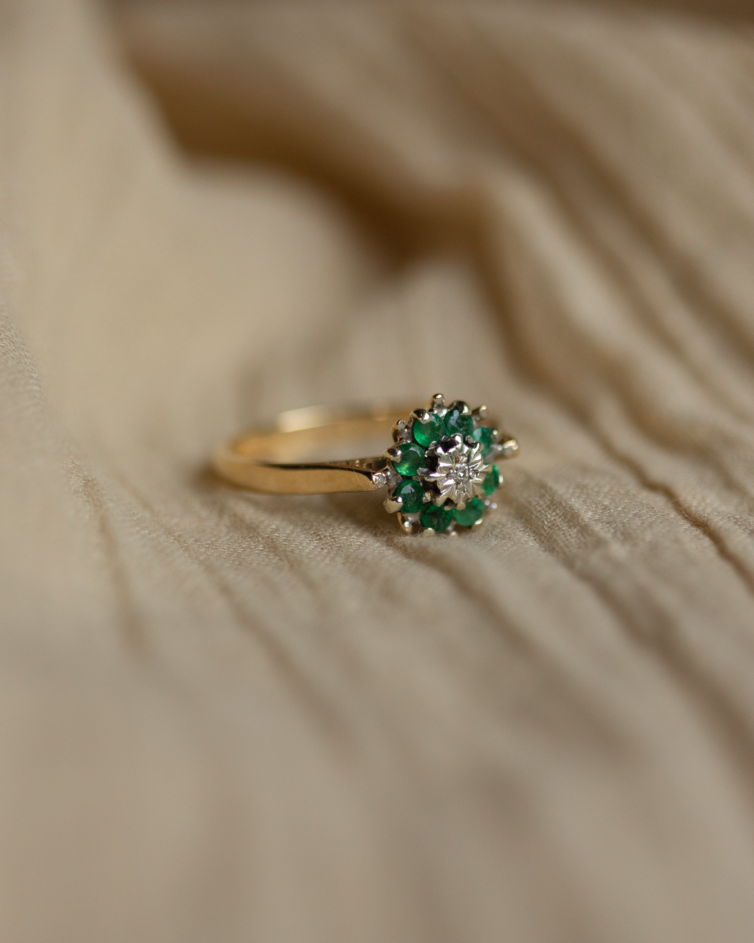 Harriet 1979 Vintage 9ct Gold Emerald & Diamond Cluster Ring