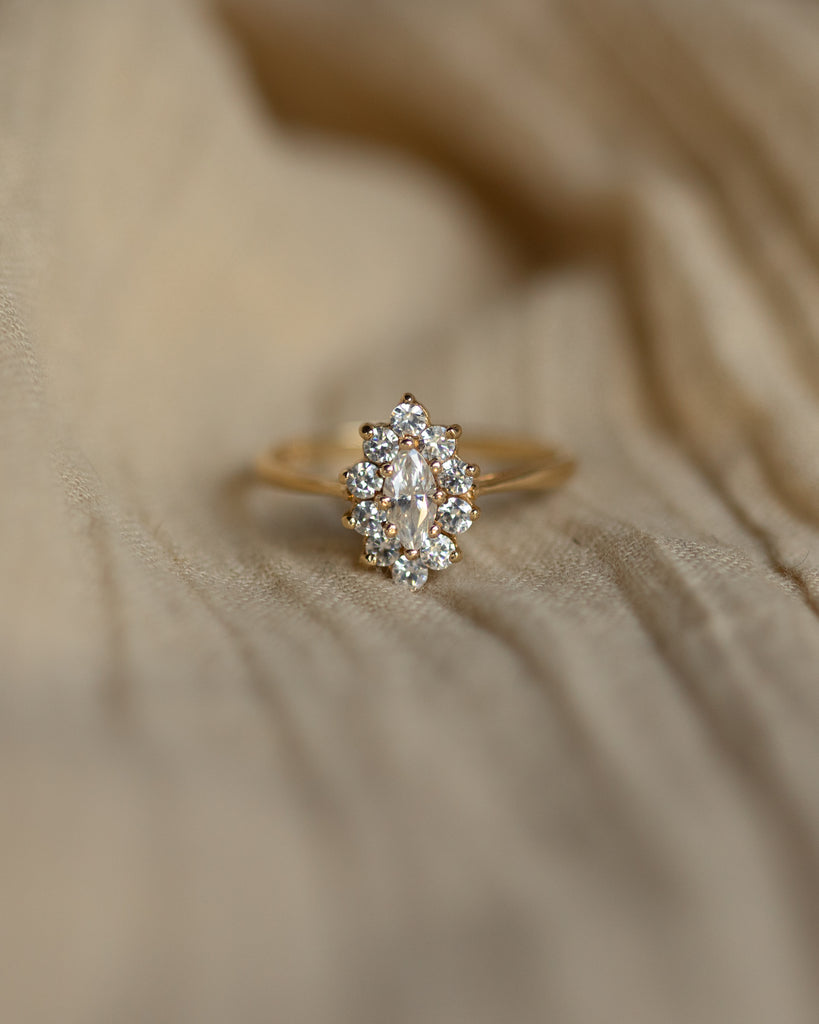Mina 1983 Vintage 9ct Gold Zircon Marquise Cluster Ring
