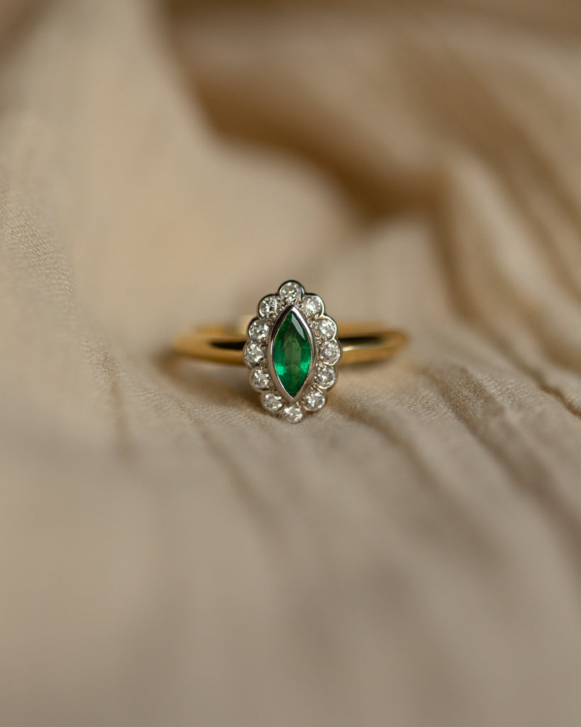 Delphine Vintage 18ct Gold Emerald & Diamond Marquise Cluster Ring