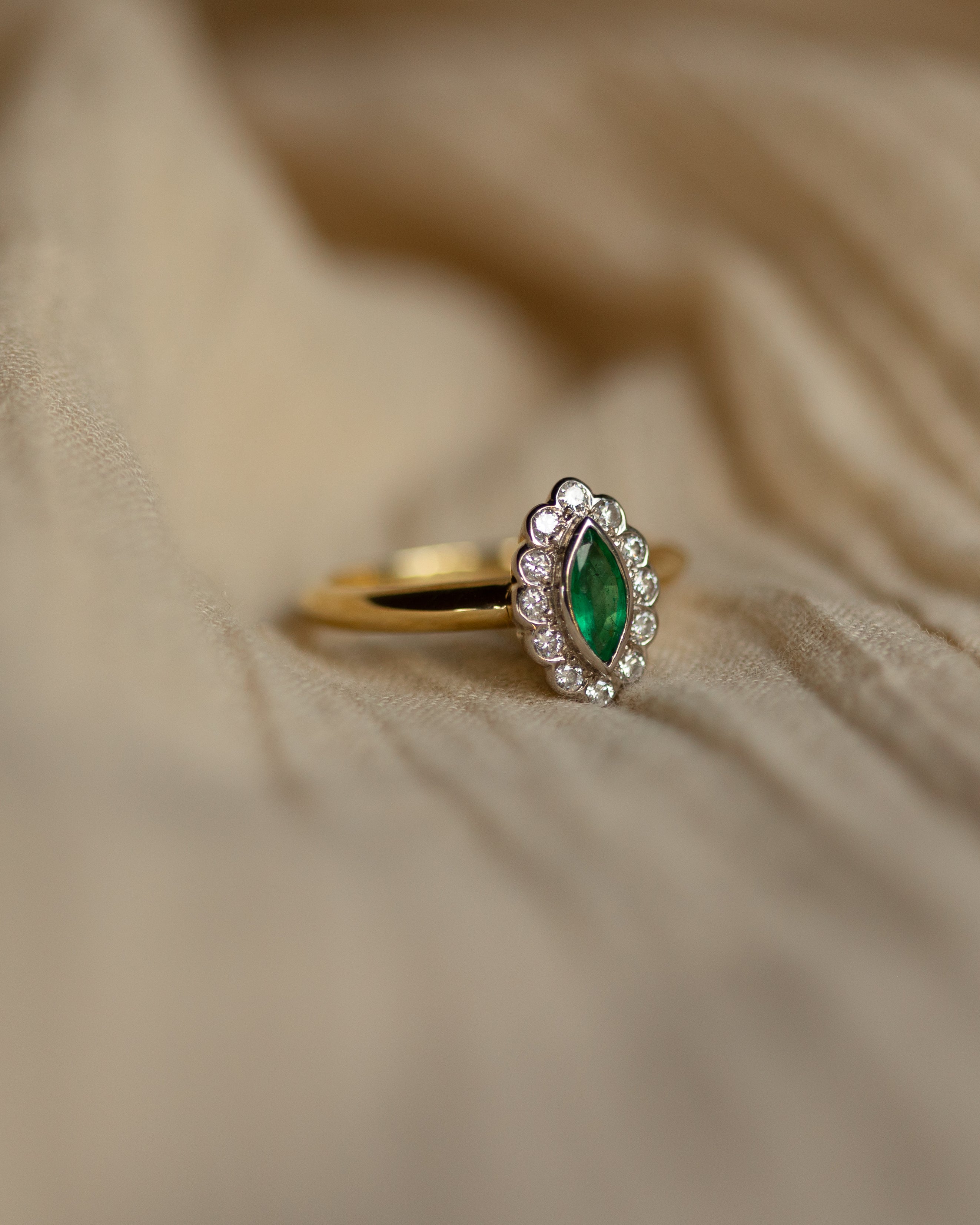 Delphine Vintage 18ct Gold Emerald & Diamond Marquise Cluster Ring