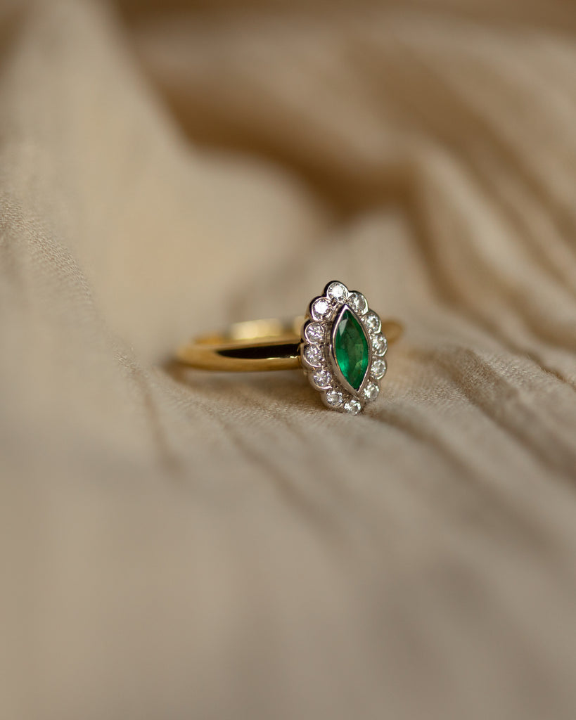 Delphine Vintage 18ct Gold Emerald & Diamond Marquise Cluster Ring