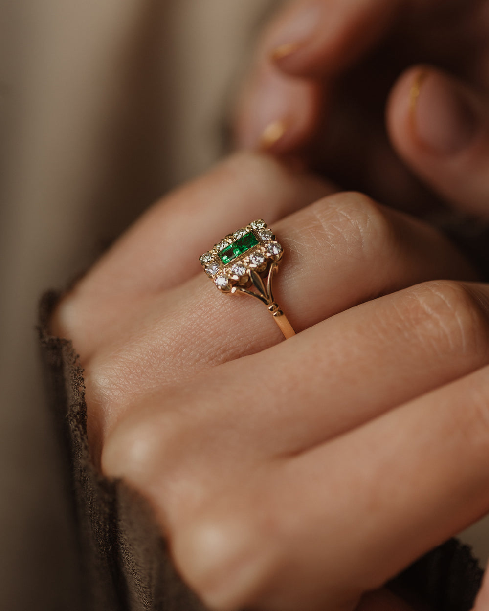 Florence Vintage 18ct Gold Emerald & Diamond Cluster Ring