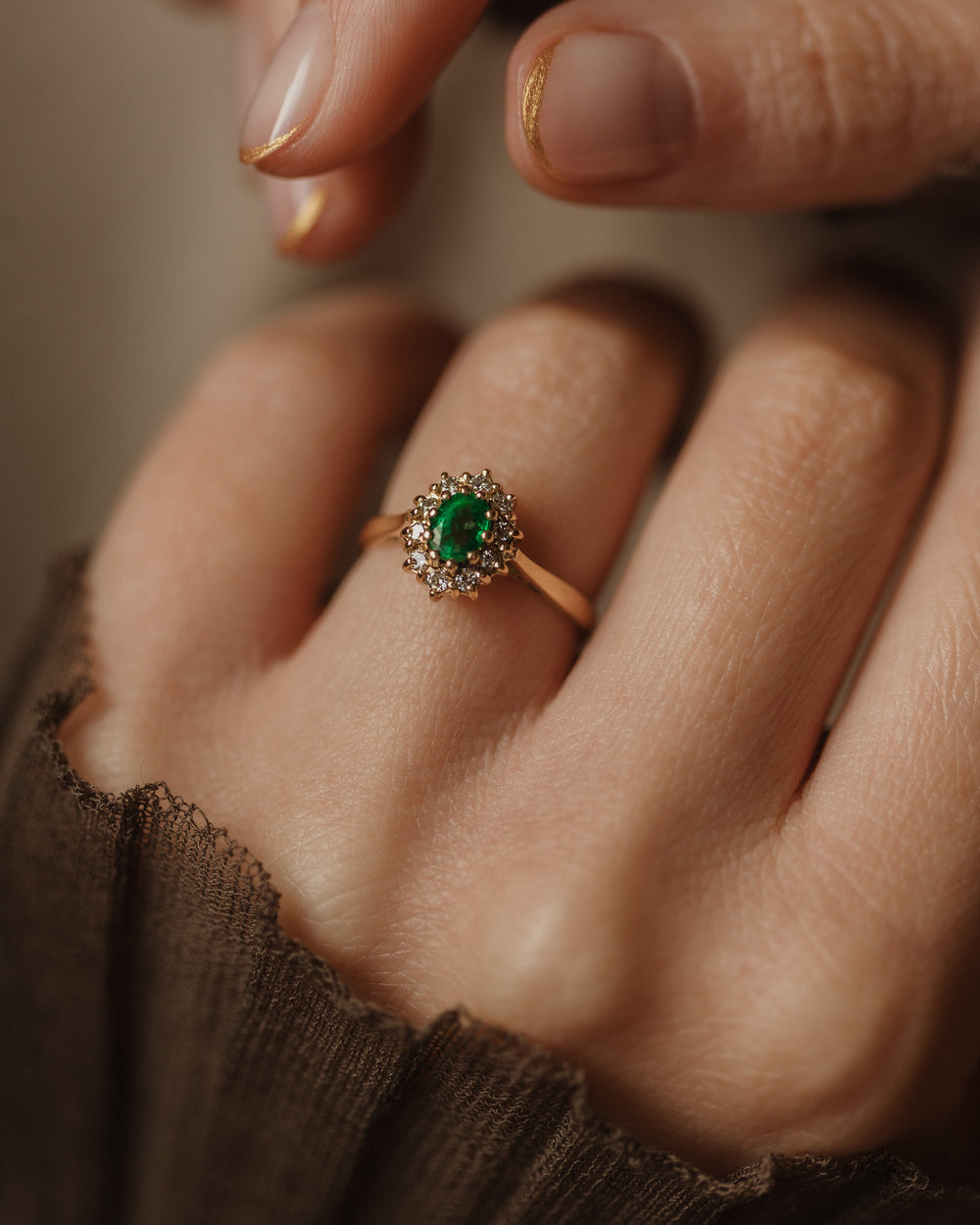 Margaux 1987 Vintage 18ct Gold Emerald & Diamond Cluster Ring