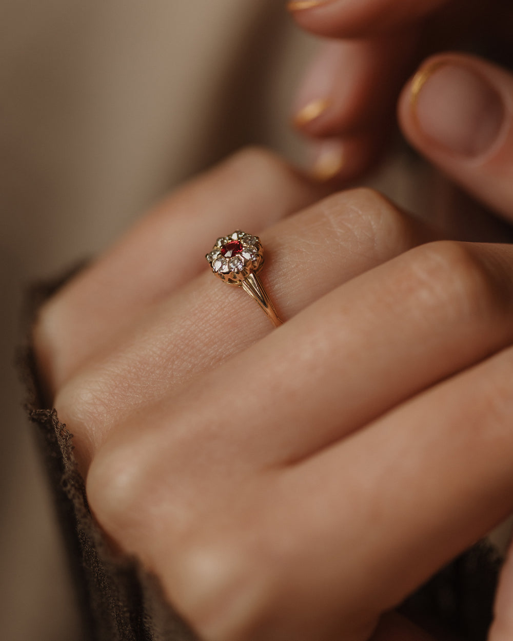 Violet Antique 18ct Gold Ruby & Diamond Cluster Ring