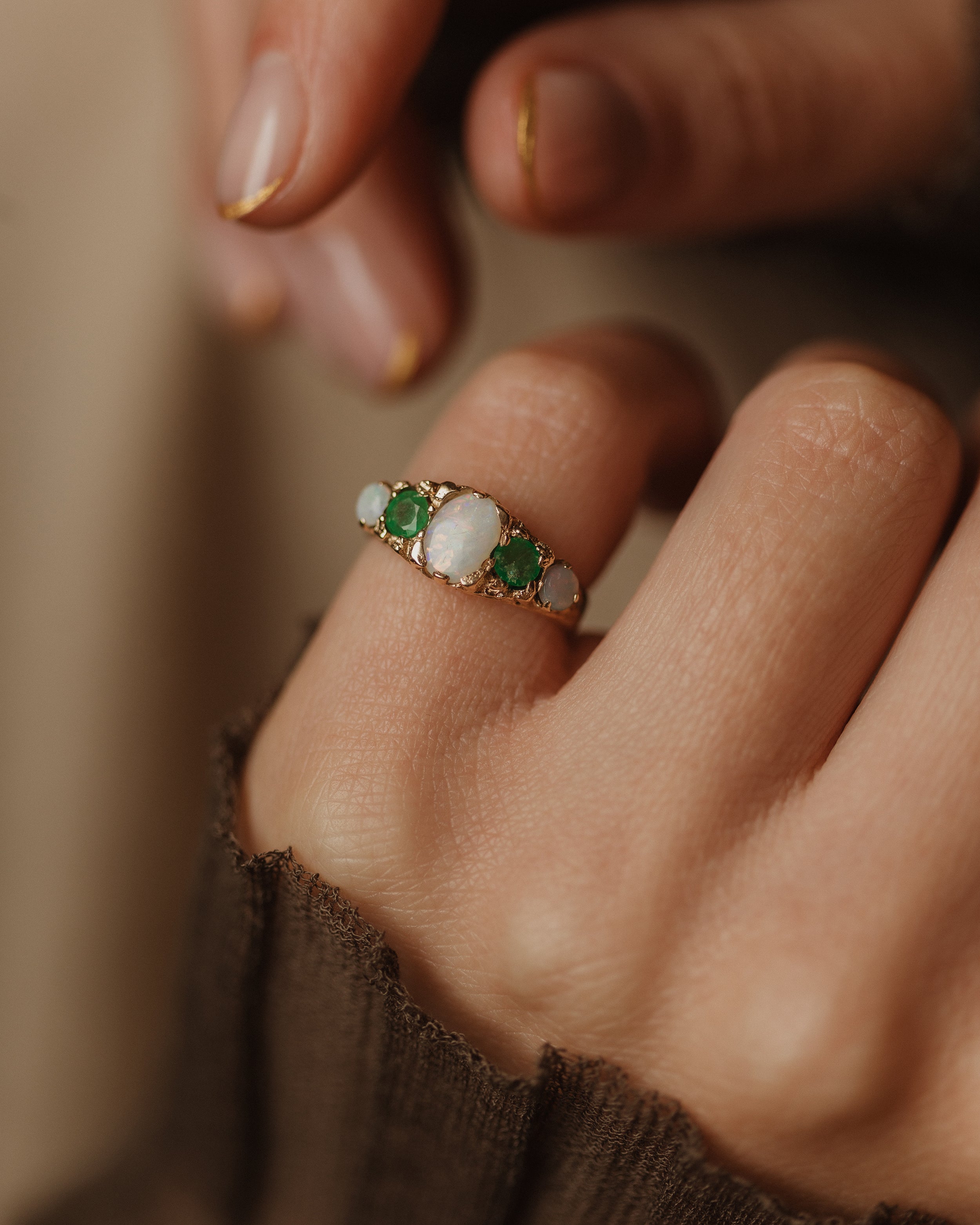 Bertha 1975 Vintage 9ct Gold Opal & Emerald Five Stone Ring