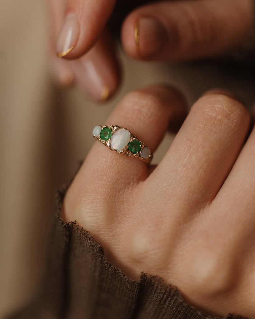 Bertha 1975 Vintage 9ct Gold Opal & Emerald Five Stone Ring